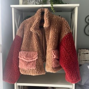 Brown cropped teddy jacket
